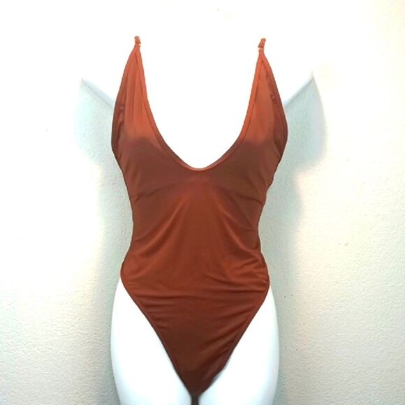 Womens Chocolate Brown Plunge Neckline One-Piece Swimsuit sz XL - Picture 2 of 11